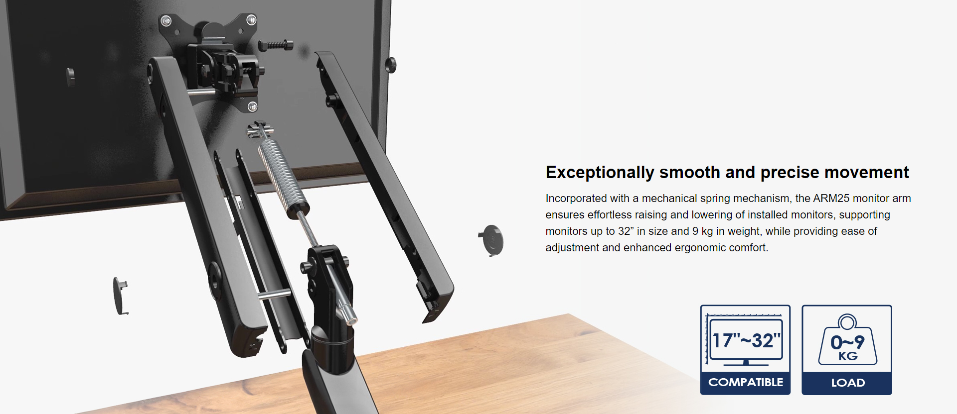 A large marketing image providing additional information about the product SilverStone ARM25 Dual Monitor Arm - Black - Additional alt info not provided
